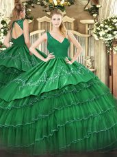 V-neck Sleeveless Quince Ball Gowns Floor Length Beading and Lace and Embroidery and Ruffled Layers Dark Green Organza and Taffeta