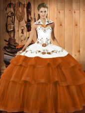 Embroidery and Ruffled Layers Quince Ball Gowns Rust Red Lace Up Sleeveless Brush Train