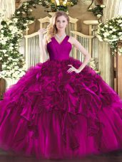 Colorful Fuchsia Ball Gowns Organza V-neck Sleeveless Ruffles Floor Length Zipper 15 Quinceanera Dress