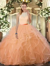Ruffles Quinceanera Dress Peach Backless Sleeveless Floor Length