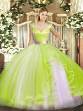 Yellow Green Ball Gowns V-neck Sleeveless Tulle Floor Length Zipper Beading and Ruffles Sweet 16 Dresses