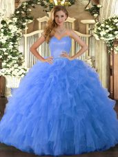 Blue Tulle Lace Up 15th Birthday Dress Sleeveless Floor Length Ruffles