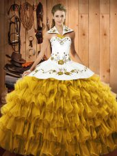 Modern Gold Lace Up Quinceanera Gown Embroidery and Ruffled Layers Sleeveless Floor Length