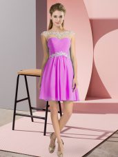 Glittering Lilac Empire Scoop Cap Sleeves Chiffon Mini Length Lace Up Beading Evening Dress