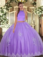 Fashionable Two Pieces Quince Ball Gowns Lavender Halter Top Tulle Sleeveless Floor Length Backless