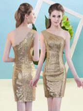 Latest Gold Column/Sheath One Shoulder Sleeveless Sequined Mini Length Zipper Sequins Prom Dress
