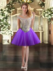 Edgy Off The Shoulder Sleeveless Dress for Prom Mini Length Beading Eggplant Purple Tulle