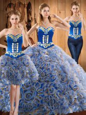 Multi-color Three Pieces Embroidery Sweet 16 Dresses Lace Up Satin and Fabric With Rolling Flowers Sleeveless With Train
