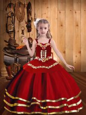 Super Sleeveless Organza Floor Length Lace Up Little Girls Pageant Dress Wholesale in Red with Embroidery and Ruffled Layers