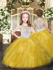 Floor Length Gold Little Girl Pageant Gowns Tulle Sleeveless Beading and Ruffles