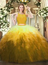 Comfortable Gold Ball Gowns Scoop Sleeveless Organza Floor Length Zipper Lace and Ruffles 15 Quinceanera Dress