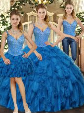 Floor Length Three Pieces Sleeveless Teal 15 Quinceanera Dress Lace Up