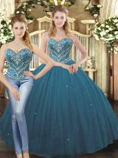 Elegant Floor Length Ball Gowns Sleeveless Teal Quinceanera Gown Lace Up