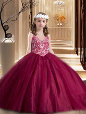 Wine Red Ball Gowns Beading and Appliques Child Pageant Dress Lace Up Tulle Sleeveless Floor Length