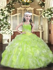Yellow Green Organza Lace Up Little Girls Pageant Dress Sleeveless Floor Length Beading and Ruffles