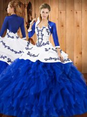 Admirable Ball Gowns Quince Ball Gowns Blue And White Strapless Satin and Organza Sleeveless Floor Length Lace Up