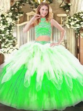 Sleeveless Floor Length Beading and Ruffles Backless Sweet 16 Dress with Multi-color