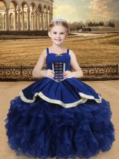 Beading and Ruffles Little Girl Pageant Gowns Blue Lace Up Sleeveless Floor Length
