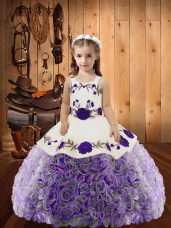 Beautiful Multi-color Fabric With Rolling Flowers Lace Up Straps Sleeveless Floor Length Party Dress for Toddlers Embroidery and Ruffles