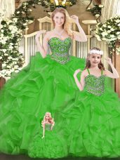 Flirting Green Sweet 16 Dress Military Ball and Sweet 16 and Quinceanera with Beading and Ruffles Sweetheart Sleeveless Lace Up