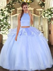 Sleeveless Floor Length Beading Backless Quince Ball Gowns with Light Blue