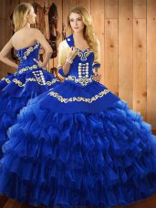 Discount Blue Ball Gowns Sweetheart Sleeveless Satin and Organza Floor Length Lace Up Embroidery and Ruffled Layers Quince Ball Gowns