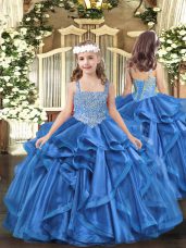Baby Blue Lace Up Straps Beading and Ruffles Pageant Dress for Teens Organza Sleeveless