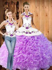 Elegant Lilac Quince Ball Gowns Military Ball and Sweet 16 and Quinceanera with Embroidery Halter Top Sleeveless Lace Up
