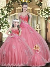 Suitable Ball Gowns 15th Birthday Dress Watermelon Red Sweetheart Tulle Sleeveless Floor Length Lace Up