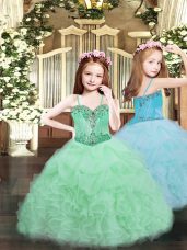 Simple Organza Spaghetti Straps Sleeveless Lace Up Beading and Ruffles and Pick Ups Party Dress in Apple Green