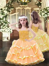Elegant Floor Length Orange Little Girls Pageant Gowns Spaghetti Straps Sleeveless Lace Up