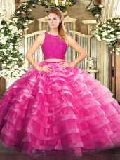 Charming Ball Gowns Sweet 16 Quinceanera Dress Fuchsia Scoop Organza Sleeveless Floor Length Zipper