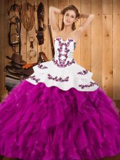 Colorful Strapless Sleeveless Quinceanera Gowns Floor Length Embroidery and Ruffles Fuchsia Satin and Organza
