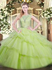 Yellow Green Scoop Backless Beading and Ruffled Layers Quinceanera Dresses Sleeveless