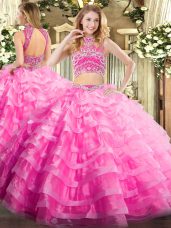 Romantic Rose Pink Two Pieces Beading and Ruffled Layers Quinceanera Gown Backless Tulle Sleeveless Floor Length