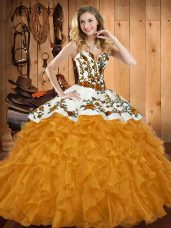 New Arrival Gold Ball Gowns Satin and Organza Sweetheart Sleeveless Embroidery and Ruffles Floor Length Lace Up Sweet 16 Dress