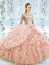 Decent Peach Sweet 16 Quinceanera Dress Sweet 16 and Quinceanera with Beading and Ruffles Sweetheart Sleeveless Brush Train Lace Up