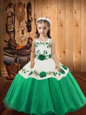 Turquoise Organza Lace Up Straps Sleeveless Floor Length Little Girl Pageant Dress Embroidery