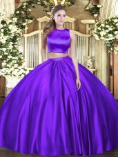 Flare High-neck Sleeveless Criss Cross Quinceanera Dress Eggplant Purple Tulle