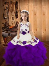 Purple Ball Gowns Tulle Straps Sleeveless Embroidery and Ruffles Floor Length Lace Up Party Dress for Toddlers