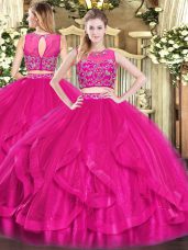 Pretty Scoop Sleeveless Quinceanera Dresses Floor Length Beading and Ruffles Hot Pink Tulle