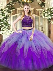 Custom Made Floor Length Multi-color Sweet 16 Dresses Tulle Sleeveless Beading and Ruffles