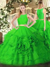 Custom Fit Green Two Pieces Ruffles 15 Quinceanera Dress Zipper Tulle Sleeveless Floor Length