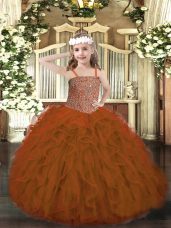 Inexpensive Rust Red Tulle Lace Up Straps Sleeveless Floor Length Pageant Gowns For Girls Beading and Ruffles