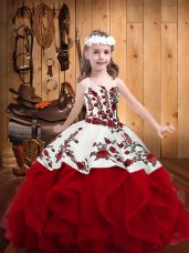 Hot Selling Embroidery and Ruffles Little Girls Pageant Dress Wholesale Red Lace Up Sleeveless Floor Length