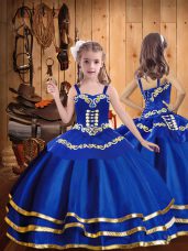 Floor Length Royal Blue Child Pageant Dress Straps Sleeveless Lace Up