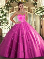 Fancy Beading and Appliques Sweet 16 Dress Hot Pink Lace Up Sleeveless Floor Length