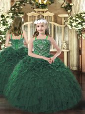 Dark Green Sleeveless Beading and Ruffles Floor Length Pageant Dress for Teens