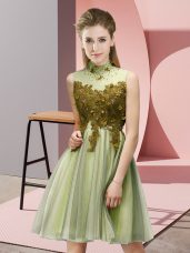 Romantic Sleeveless Tulle Knee Length Lace Up Bridesmaid Gown in Yellow Green with Appliques