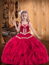 Floor Length Lace Up Pageant Dress Toddler Coral Red for Party and Sweet 16 and Quinceanera and Wedding Party with Embroidery and Ruffles
